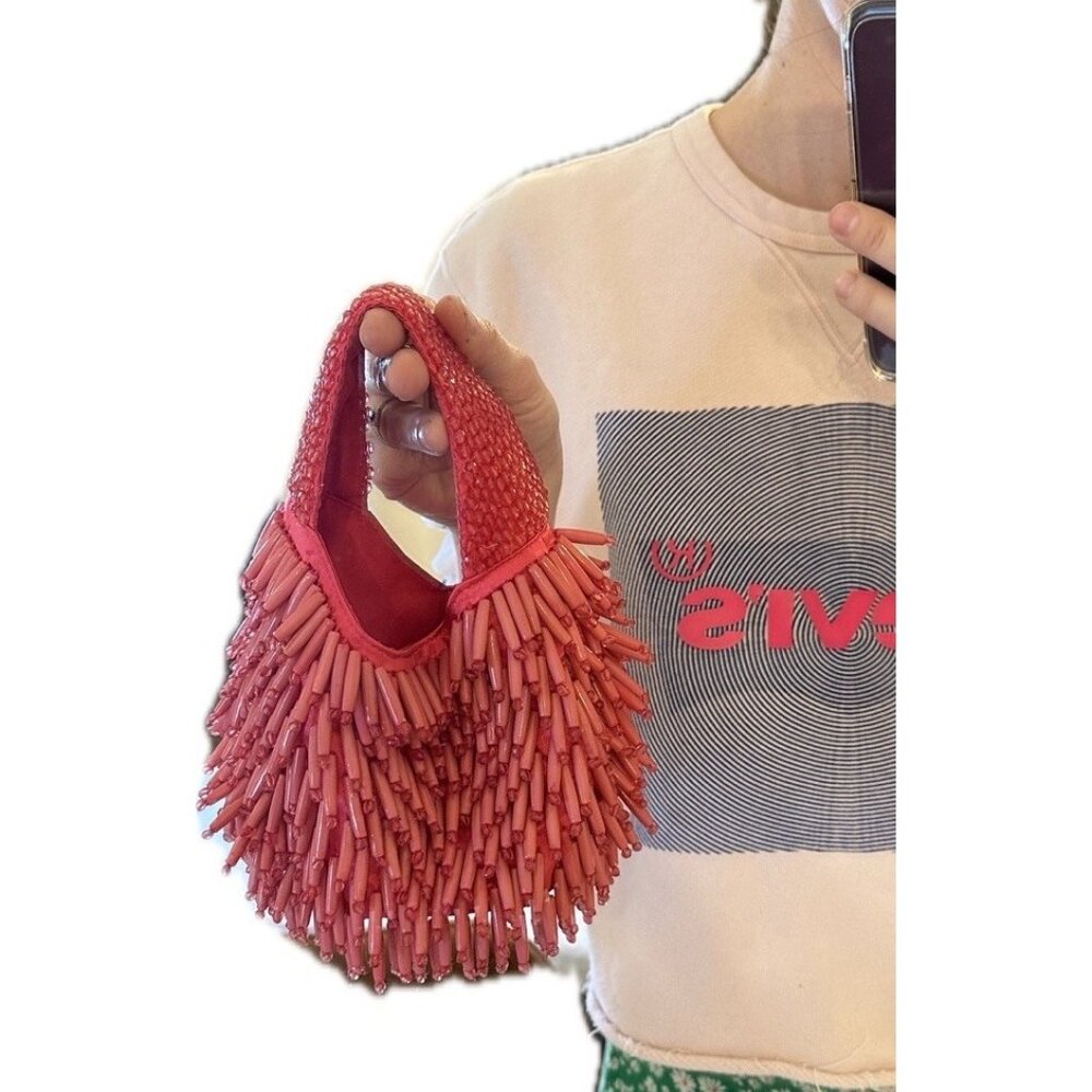 Pink Beaded Fringe Mini Bag Made In India Purse Y2K - Picture 2 of 8